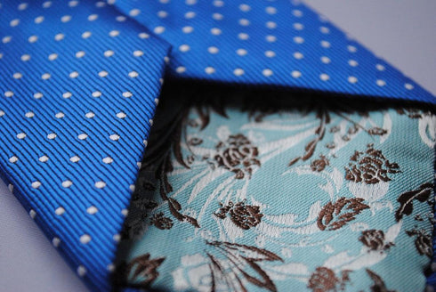 electric blue tie with white pin dots