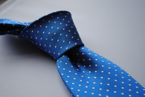 electric blue tie with white pin dots