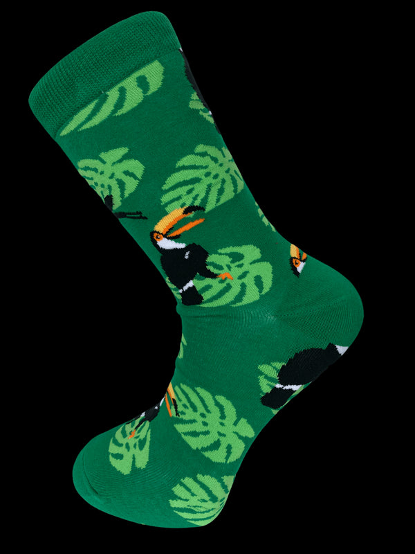 bright tropical green with toucan design men's socks