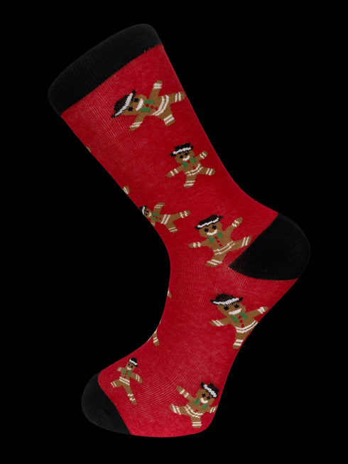 red christmas with gingerbread man design men's socks