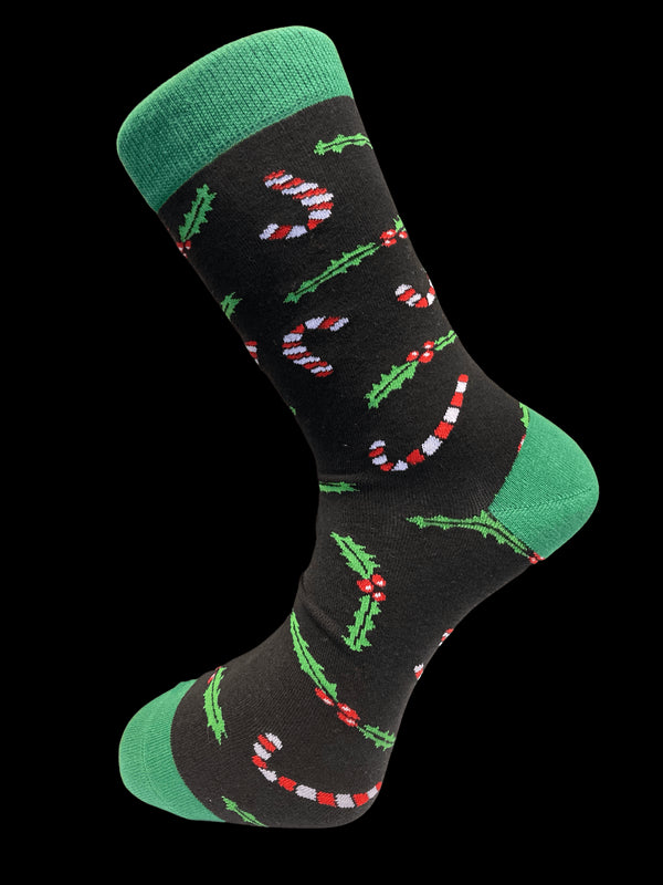 black & green candycane Christmas men's socks