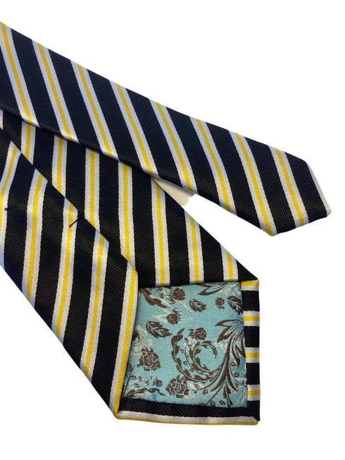 black, white and yellow striped tie