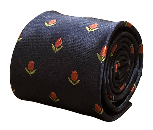 navy blue tie with Dutch tulip flower embroidered design