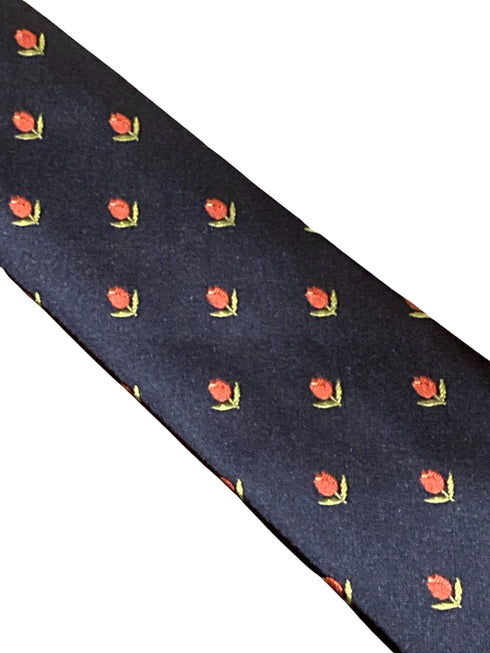 navy blue tie with Dutch tulip flower embroidered design