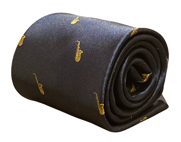 navy blue tie with saxophone embroidered design