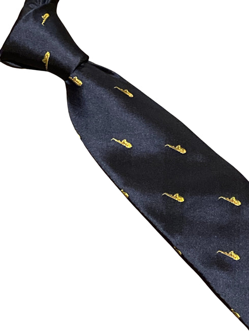 navy blue tie with saxophone embroidered design