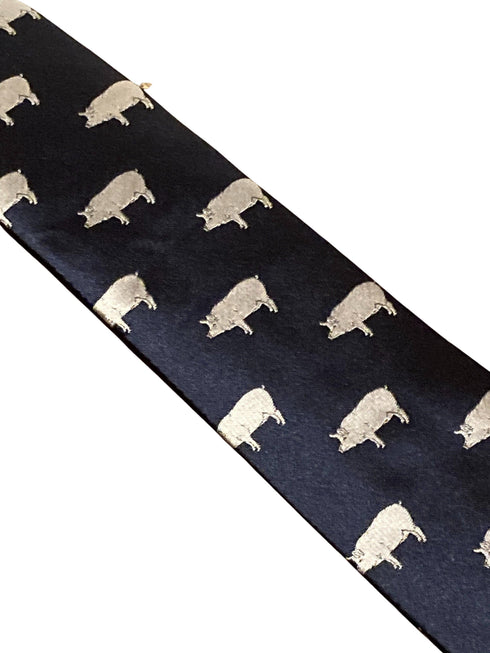 navy blue tie with pig silhouette embroidered design