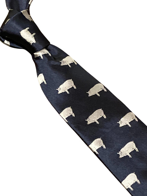 navy blue tie with pig silhouette embroidered design