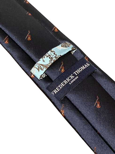 navy blue tie with violin embroidered design