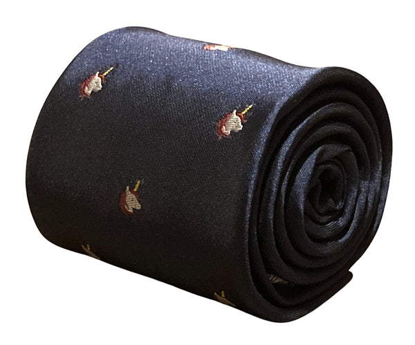 navy blue tie with mythical magical unicorn embroidered design