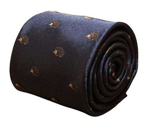 navy blue tie with hedgehog embroidered design cute