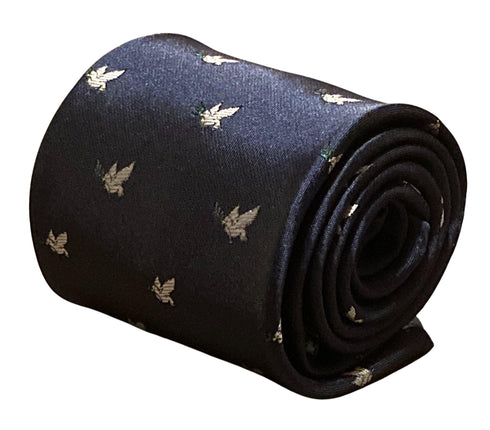 navy blue mens tie with white dove embroidered peace design