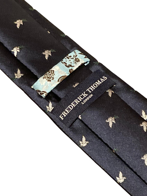 navy blue mens tie with white dove embroidered peace design