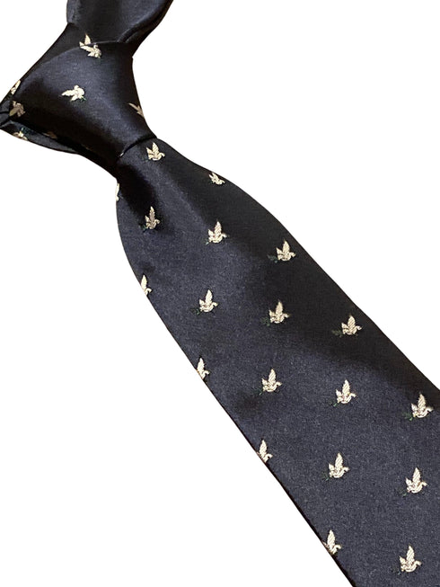 navy blue mens tie with white dove embroidered peace design
