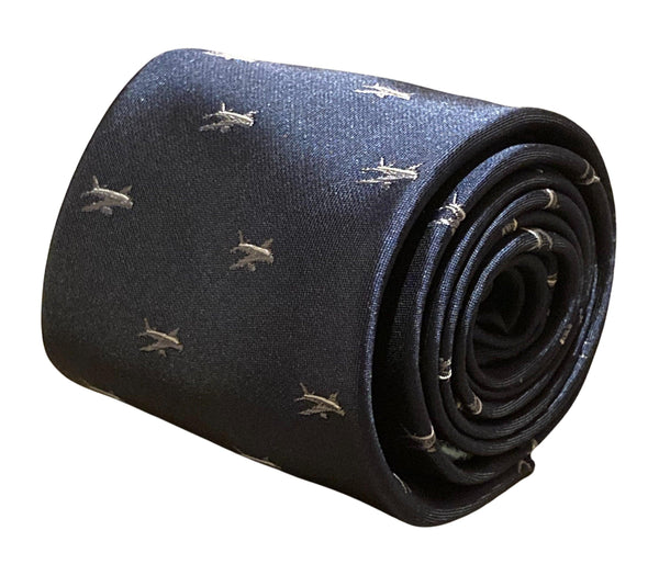 navy blue tie with jumbo jet aeroplane airplane embroidered design
