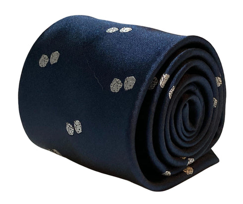 navy blue tie with dice embroidered design