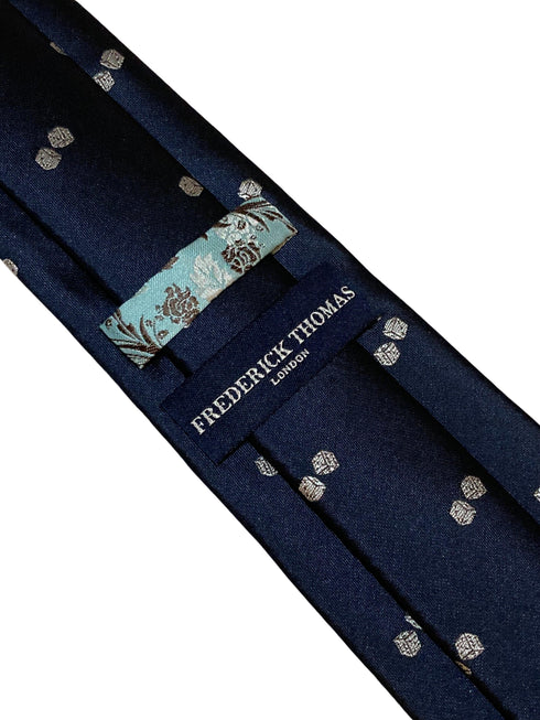 navy blue tie with dice embroidered design