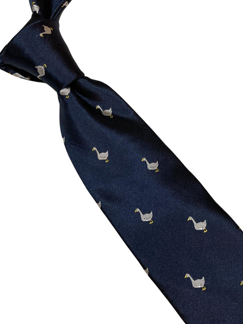 navy blue tie with white goose embroidered design