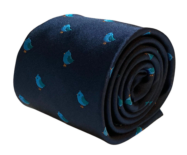 navy blue tie with cute blue baby bird embroidered design