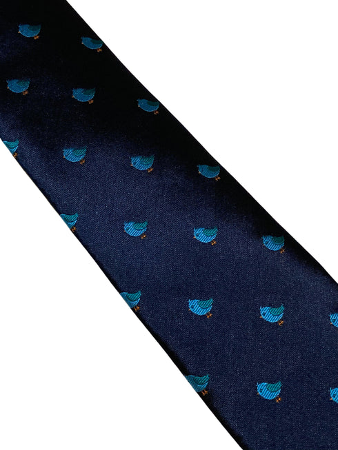 navy blue tie with cute blue baby bird embroidered design