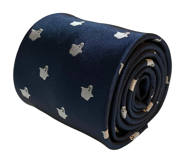 navy blue tie with white ghost embroidered design