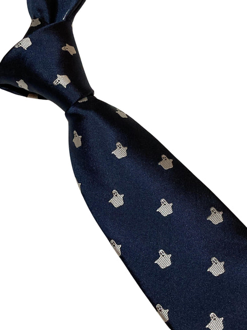 navy blue tie with white ghost embroidered design