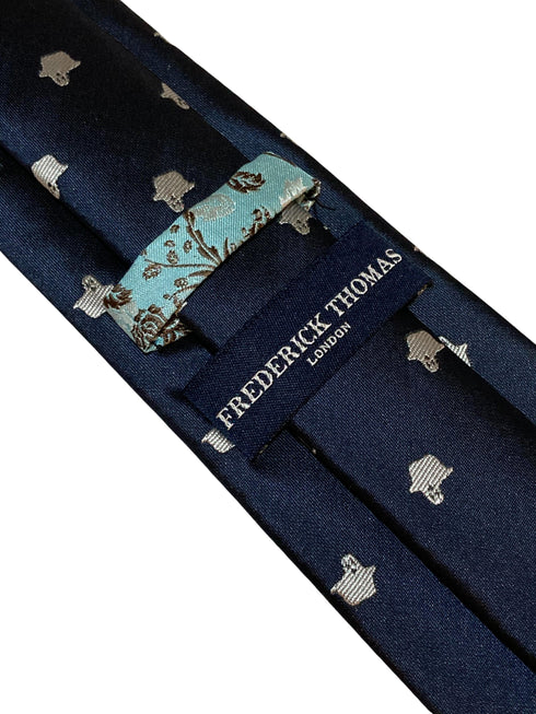 navy blue tie with white ghost embroidered design