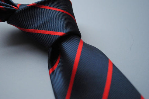 navy blue tie with thin red stripes