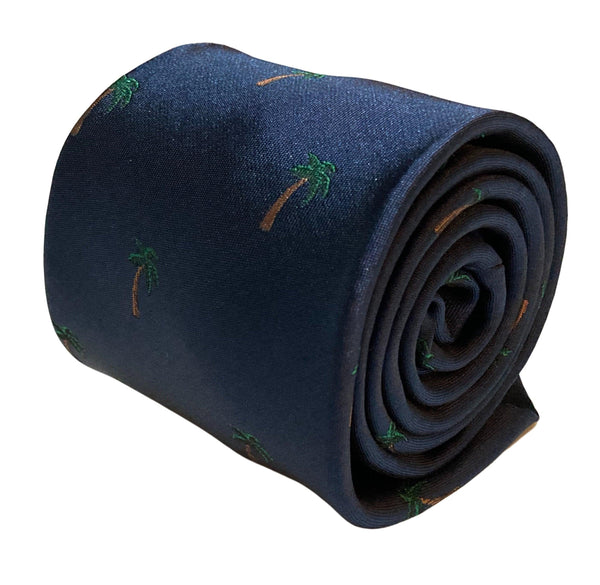 navy tie with tropical palm tree desert island embroidered design