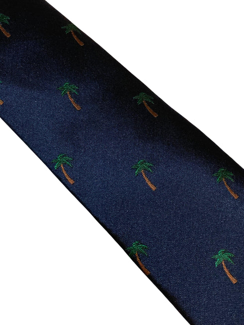 navy tie with tropical palm tree desert island embroidered design