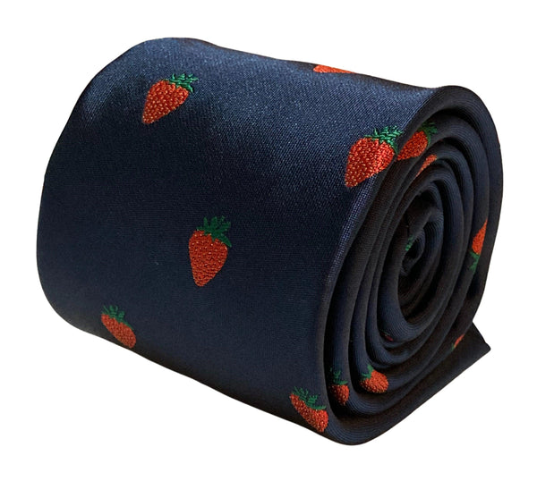 navy tie with British strawberry embroidered design