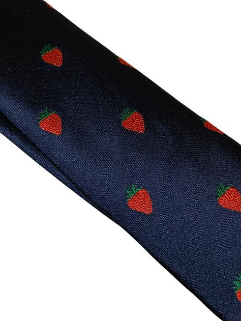navy tie with British strawberry embroidered design