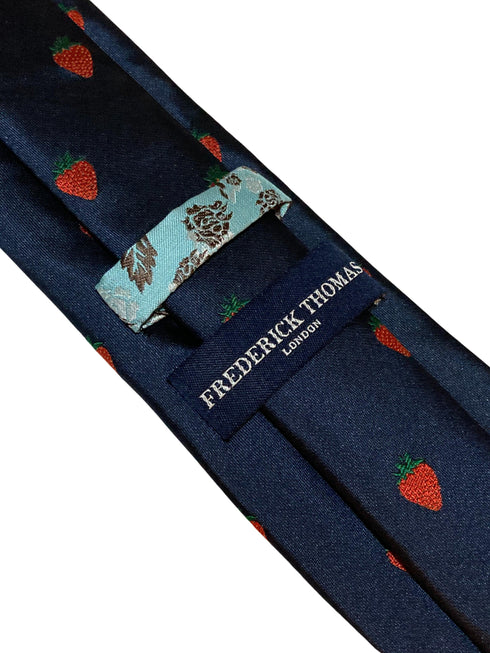 navy tie with British strawberry embroidered design