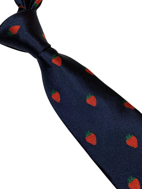 navy tie with British strawberry embroidered design