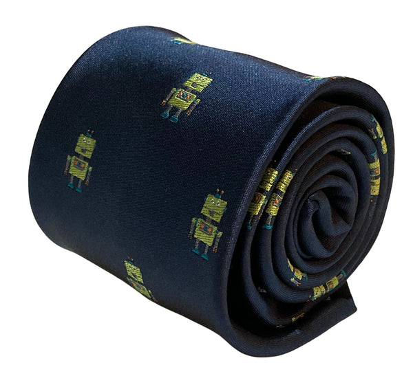navy blue tie with robot quirky embroidered design