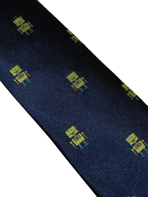 navy blue tie with robot quirky embroidered design