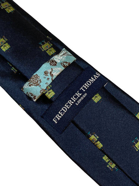 navy blue tie with robot quirky embroidered design