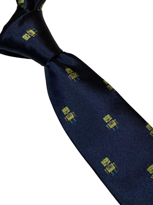 navy blue tie with robot quirky embroidered design