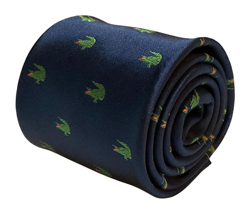 navy blue tie with alligator crocodile swamp embroidered design