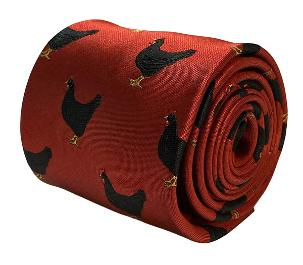 red tie with black chicken embroidered design