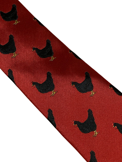 red tie with black chicken embroidered design