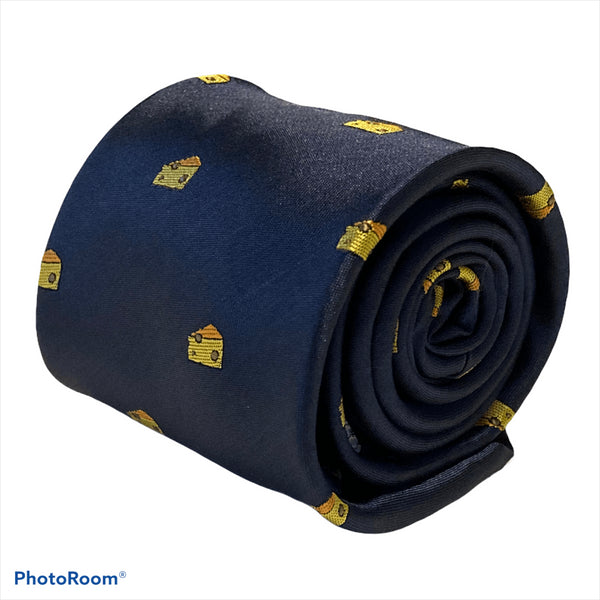 navy blue tie with cheddar cheese mouse quirky embroidered design