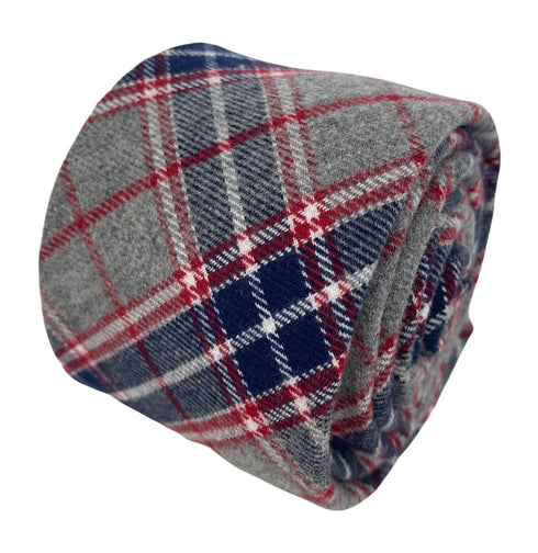 light pale grey, navy & red check mens wool tie