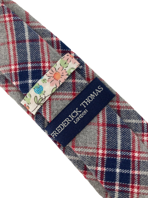 light pale grey, navy & red check mens wool tie