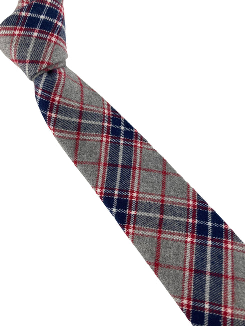 light pale grey, navy & red check mens wool tie