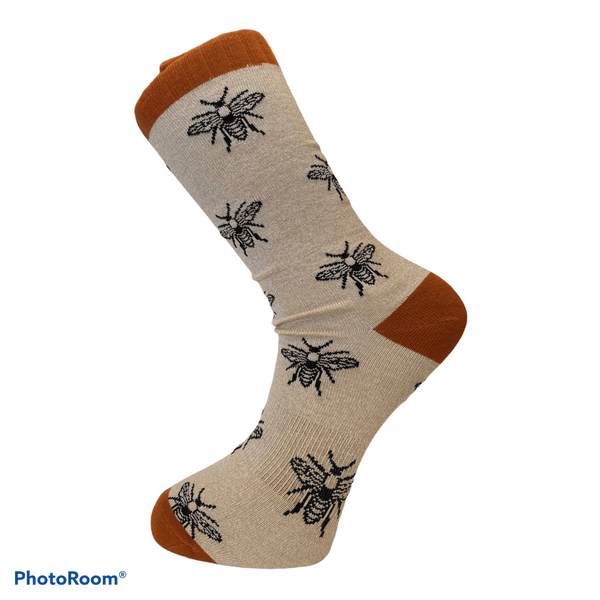 beige honey socks with bumblebee pattern