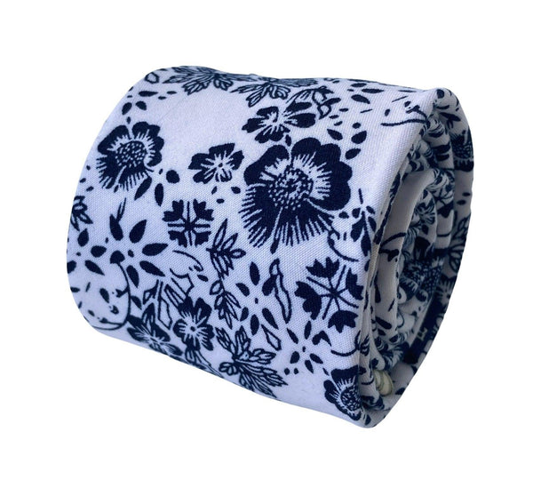 white & blue floral classic width mens tie 100% cotton