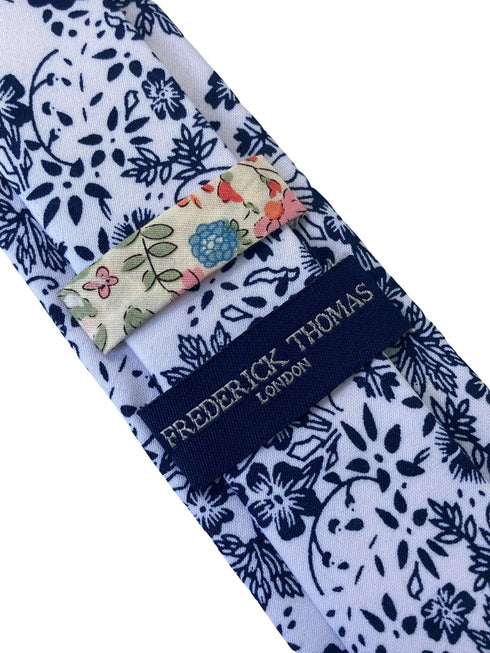 white & blue floral classic width mens tie 100% cotton
