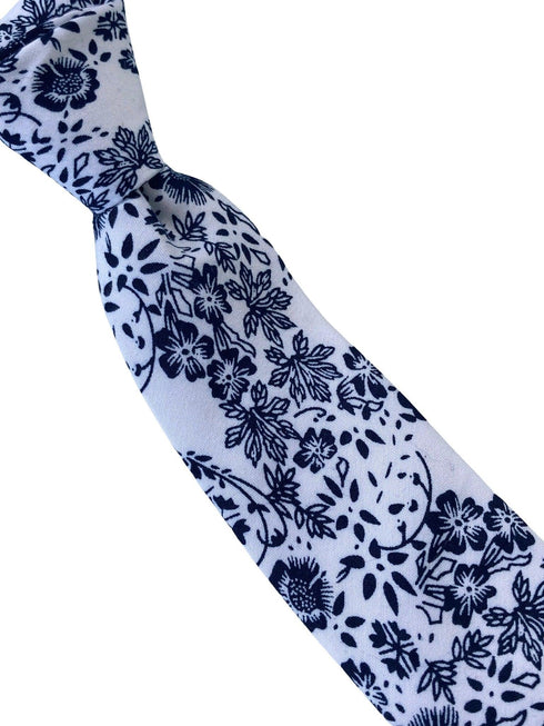 white & blue floral classic width mens tie 100% cotton