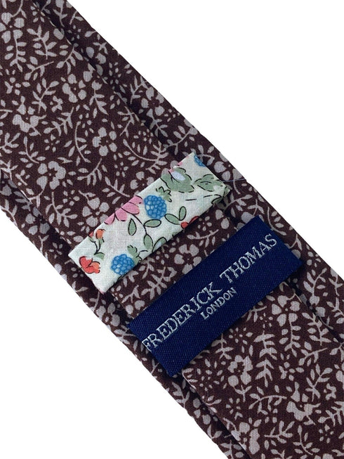 brown cotton tie with white floral design